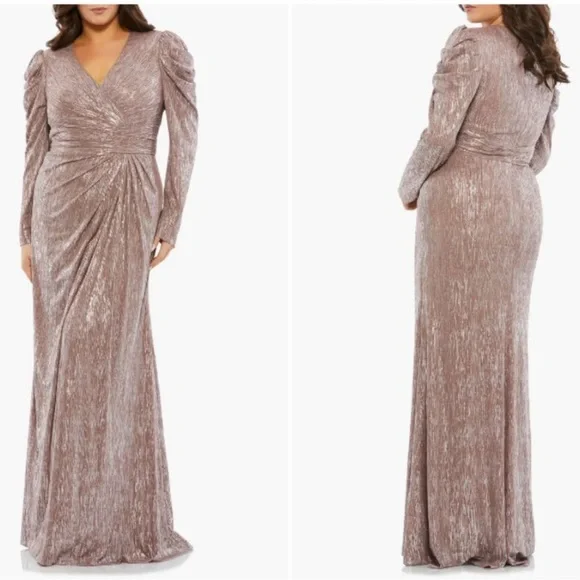 Mac Duggal 49503 Mauve Taupe Metallic Faux Wrap Draped Puff Sleeve Gown -Reemoly